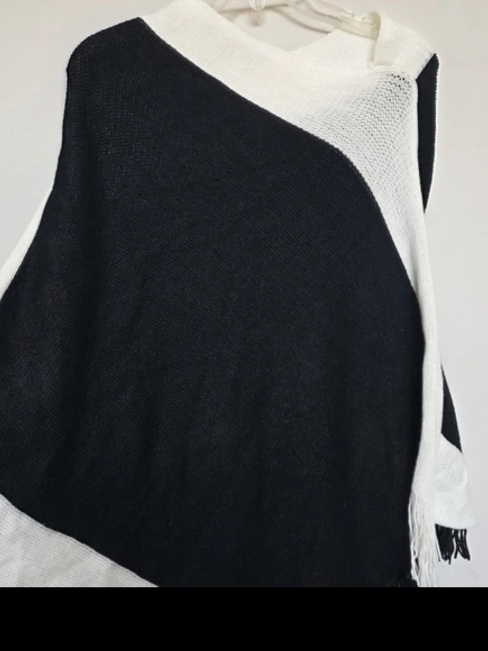 Black and White Fringe Poncho Sweater - Women OSFM